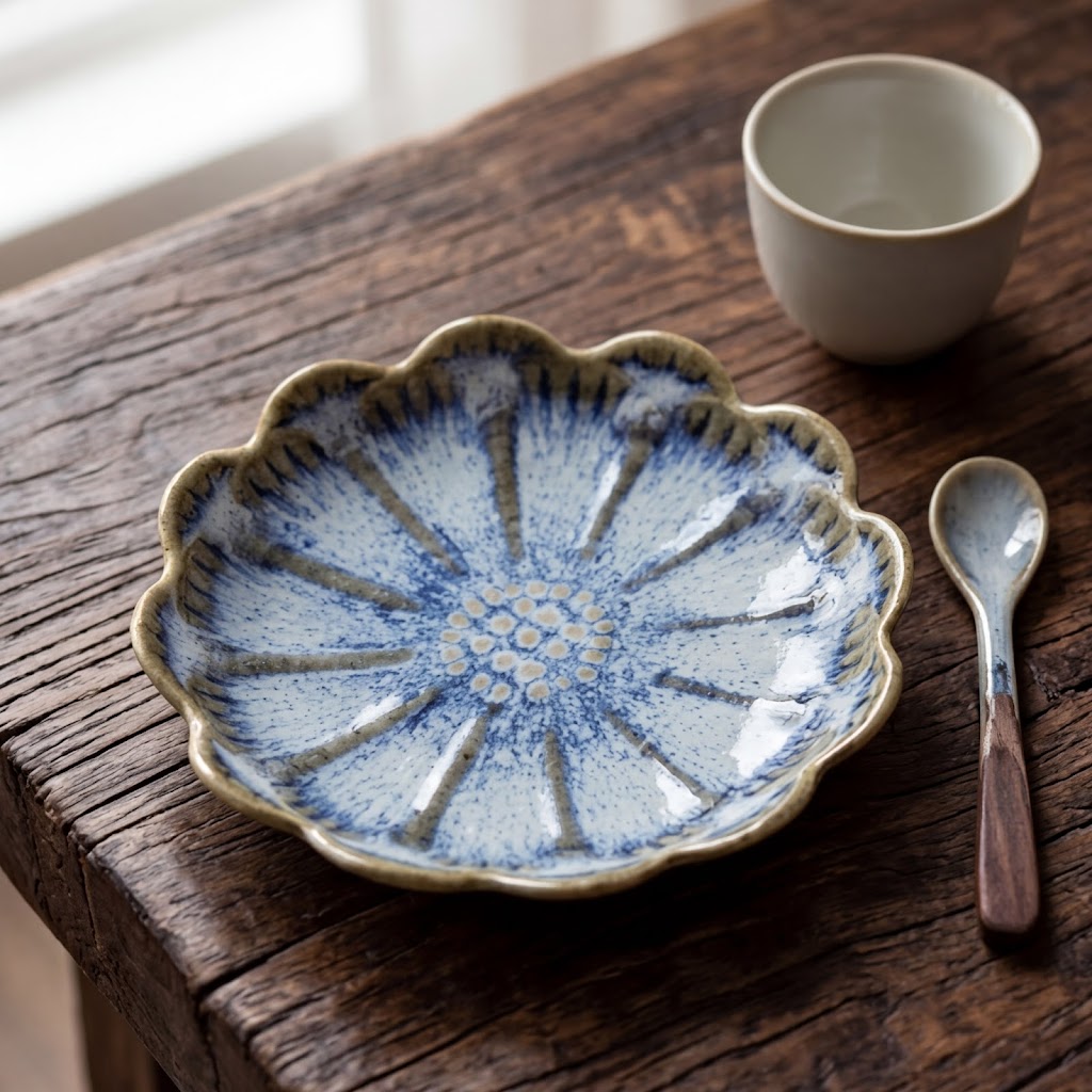 Frosted Azure Scalloped Ceramic Plate