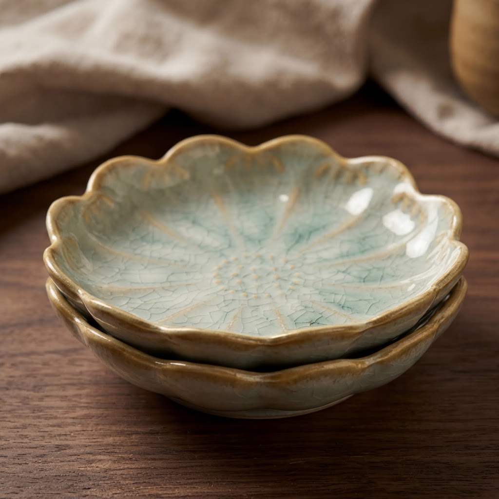 Celadon Bloom Scalloped Ceramic Plate