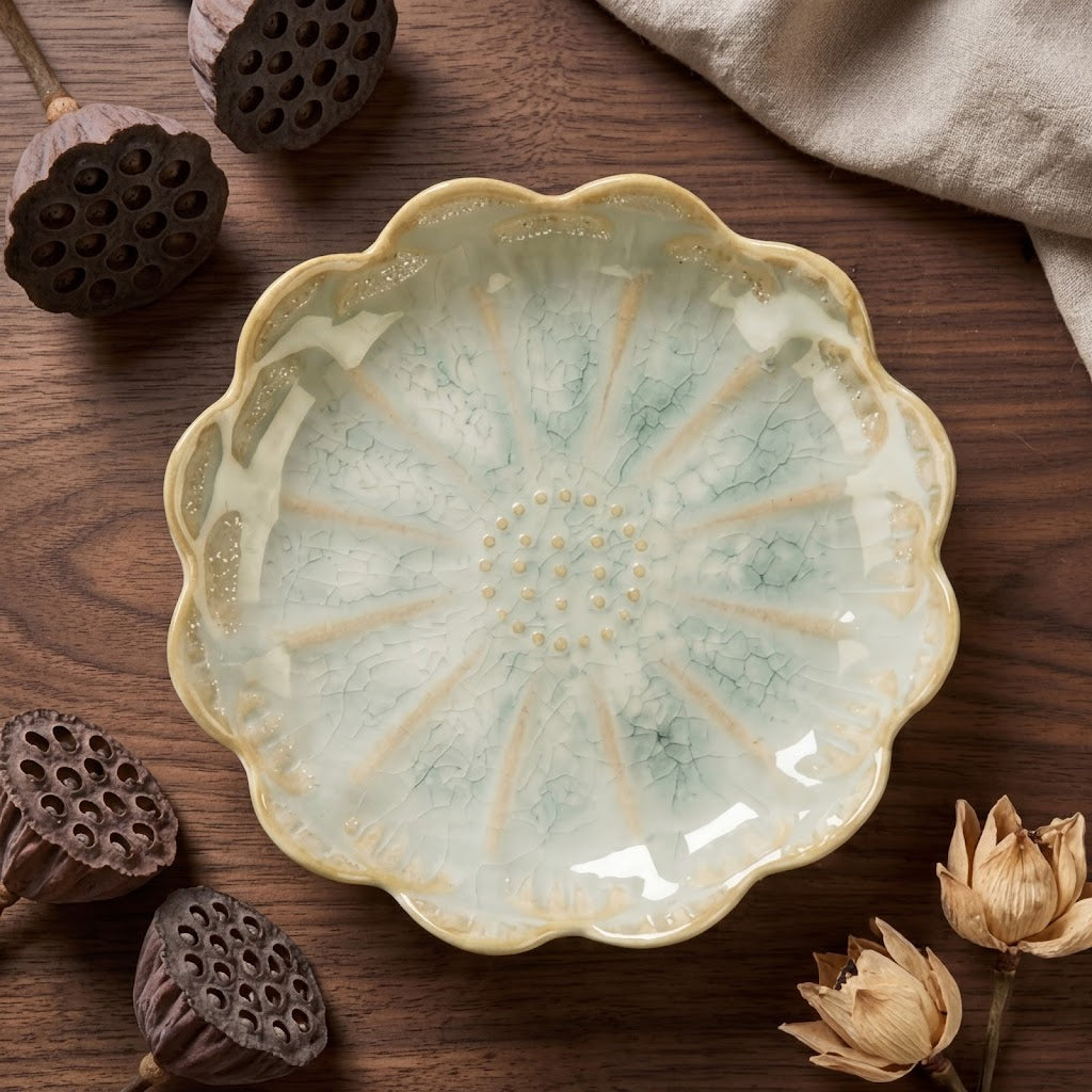 Celadon Bloom Scalloped Ceramic Plate