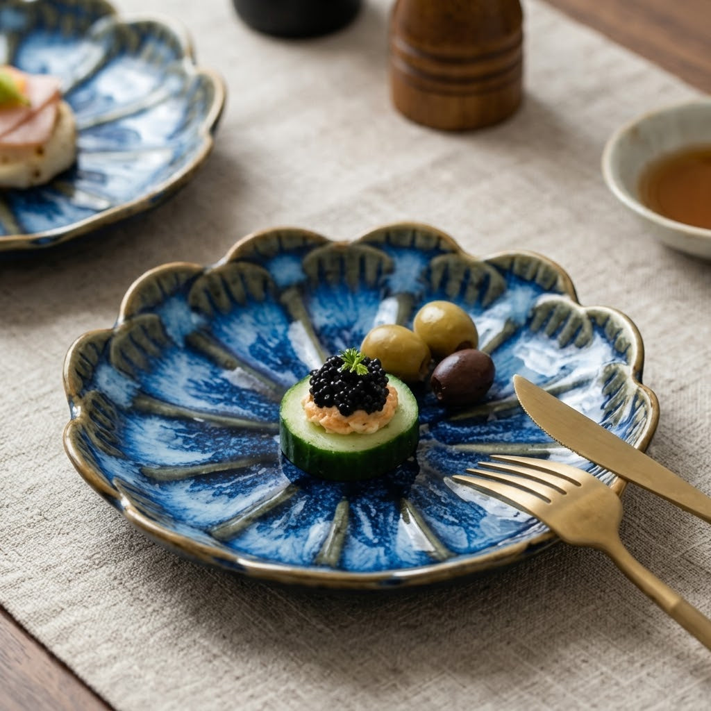 Midnight Bloom Scalloped Ceramic Plate